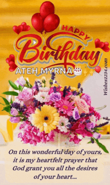 a birthday card with a bouquet of flowers and balloons