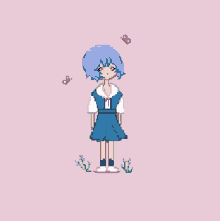 a pixel art drawing of a girl with blue hair and butterflies