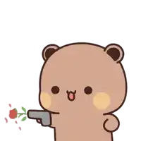 a brown teddy bear is holding a gun and a rose