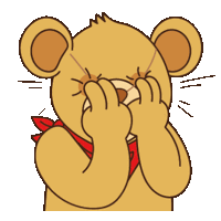 a teddy bear with a red scarf around its neck is covering its eyes