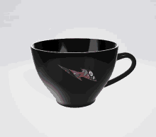 a black coffee cup with a colorful drawing on it