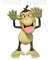 a cartoon monkey with its tongue hanging out and the words oonie goonie behind it