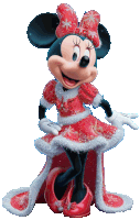 minnie mouse is wearing a red and white dress with snowflakes on it