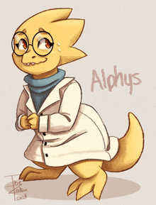 a drawing of alphys with glasses and a lab coat