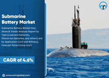 a submarine is floating in the ocean with the words submarine battery market below it