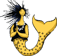 a drawing of a mermaid wearing a black shirt and a yellow tail