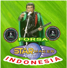 a man singing into a microphone while holding a guitar in front of a forsa starmaker logo