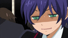 a cartoon character with purple hair and green eyes making a sad face