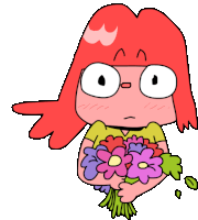 a cartoon drawing of a girl holding a bouquet of flowers