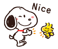 snoopy and woodstock are standing next to each other with the word nice written above them