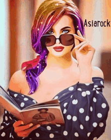 a woman with purple hair is wearing sunglasses and holding a magazine .