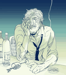 a drawing of a man smoking a cigarette while sitting at a table with bottles of alcohol