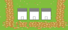 a pixel art illustration of three houses on a green field .