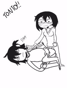 a black and white drawing of a woman kneeling on another woman 's lap with the words tonto written above it