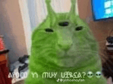 a green cat with three eyes is standing in front of a television in a room .