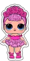 a sticker of a lol doll wearing a pink dress and a headband of pink roses .