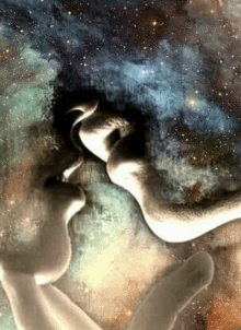 a painting of a man and a woman kissing with a galaxy in the background .