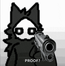 a cartoon character is pointing a gun at the camera and says `` proof ? ''