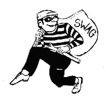 a black and white drawing of a thief carrying a bag that says swag .