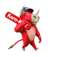 a cartoon bull holding a sign that says korn-k on it