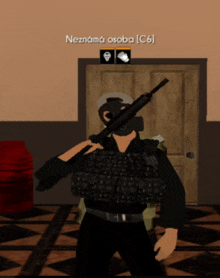 a man holding a gun in front of a door that says neznama osoba c6