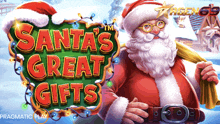 a poster for santa 's great gifts has a picture of santa on it