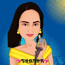 a cartoon drawing of a woman holding a microphone with chinese writing on it