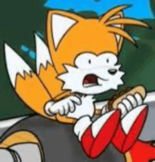 tails from sonic the hedgehog is eating a hot dog .