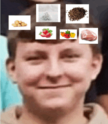 a blurry picture of a man 's face with various images on his head including potatoes strawberries peppers and meat