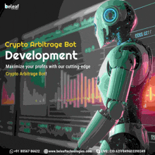 a robot is standing in front of a screen with the words crypto arbitrage bot development