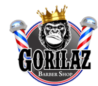 gorillaz barber shop logo with a gorilla wearing a crown and two barber poles