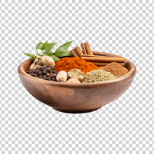 a wooden bowl filled with various spices and herbs