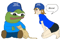 a cartoon of a girl kneeling next to a frog wearing a blue hat that says meow