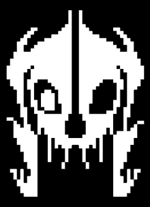 a pixel art drawing of a skull with a sword coming out of it .