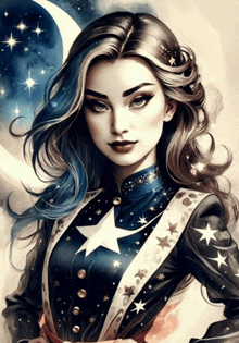 a painting of a woman with blue hair and stars