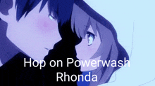 a picture of a boy and girl with the words hop on powerwash rhonda below them