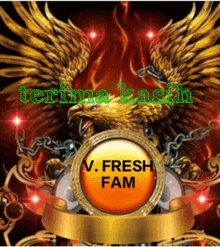 a logo for v. fresh fam with a golden eagle