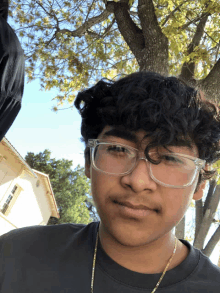 a young man with curly hair wearing glasses and a necklace