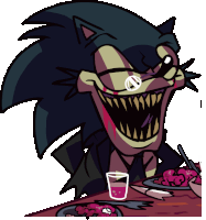 a cartoon drawing of sonic the hedgehog sitting at a table with plates of food