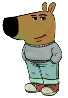 a cartoon dog is wearing a sweater and jeans and has his hands in his pockets .