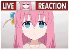 a picture of a pink haired anime girl with a live reaction sign above her