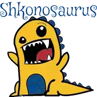 a cartoon drawing of a yellow dinosaur with the word shkonosaurus written above it