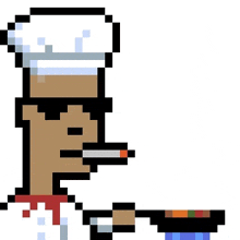 a pixel art drawing of a chef smoking a cigarette and holding a pan .