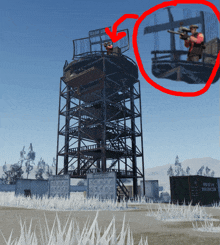 a red circle shows a man holding a sniper rifle on a tower