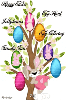 a tree with easter eggs and the words happy easter jellybeans egg hunt egg coloring family fun