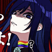 a drawing of a girl with long blue hair and a rainbow choker .