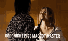 a woman holding a gun with the words goodnight piss maggot master below her