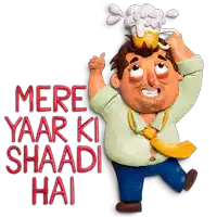 a cartoon of a man holding a mug of beer on his head with the words mere yaar ki shaadi hai below him