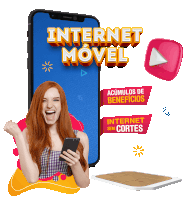 a woman is holding a cell phone in front of a phone that says internet movil