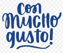 a blue logo that says con mucho gusto on a transparent background